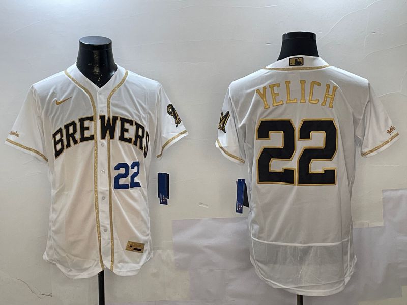 Men Milwaukee Brewers #22 Yelich White Gold Elite 2025 Nike MLB Jersey style 2